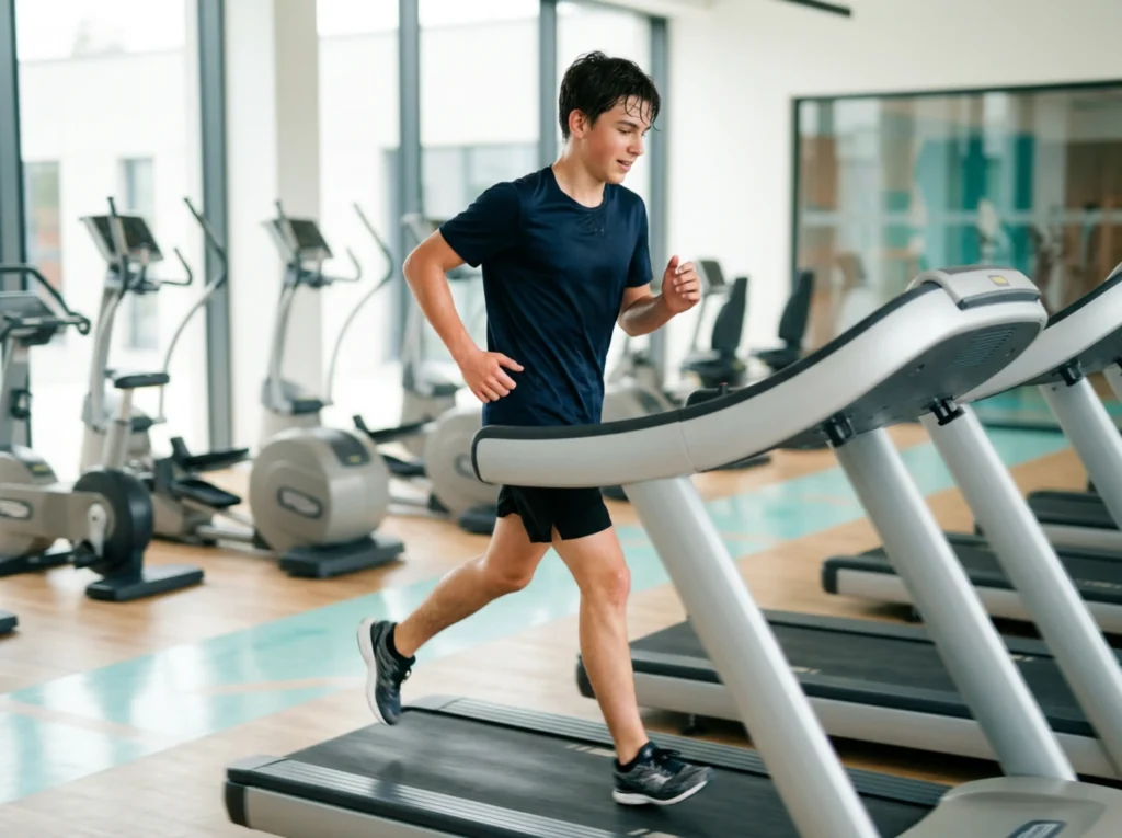 chłopiec, dziecko, bieżnia, cardio, siłownia
